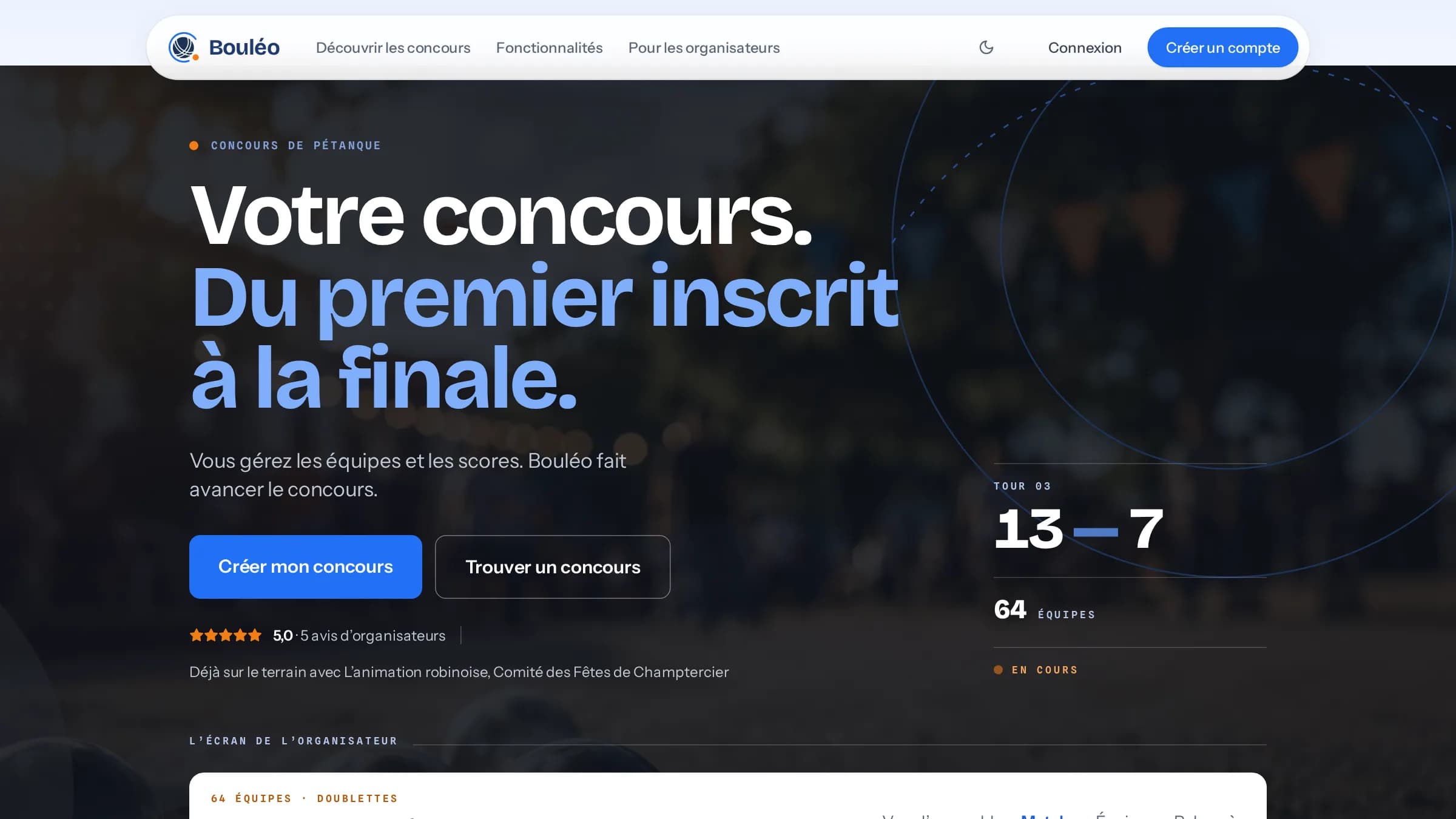 Page d'accueil de Bouléo : « Votre concours. Du premier inscrit à la finale. »