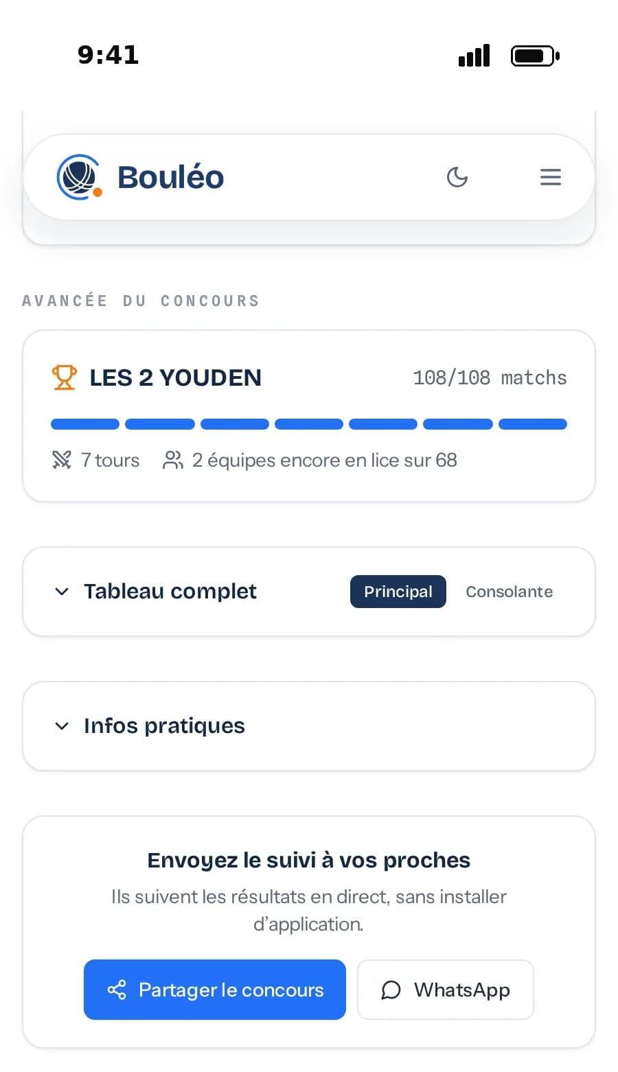 Suivi du concours sur téléphone : vainqueur, matchs joués et équipes en lice