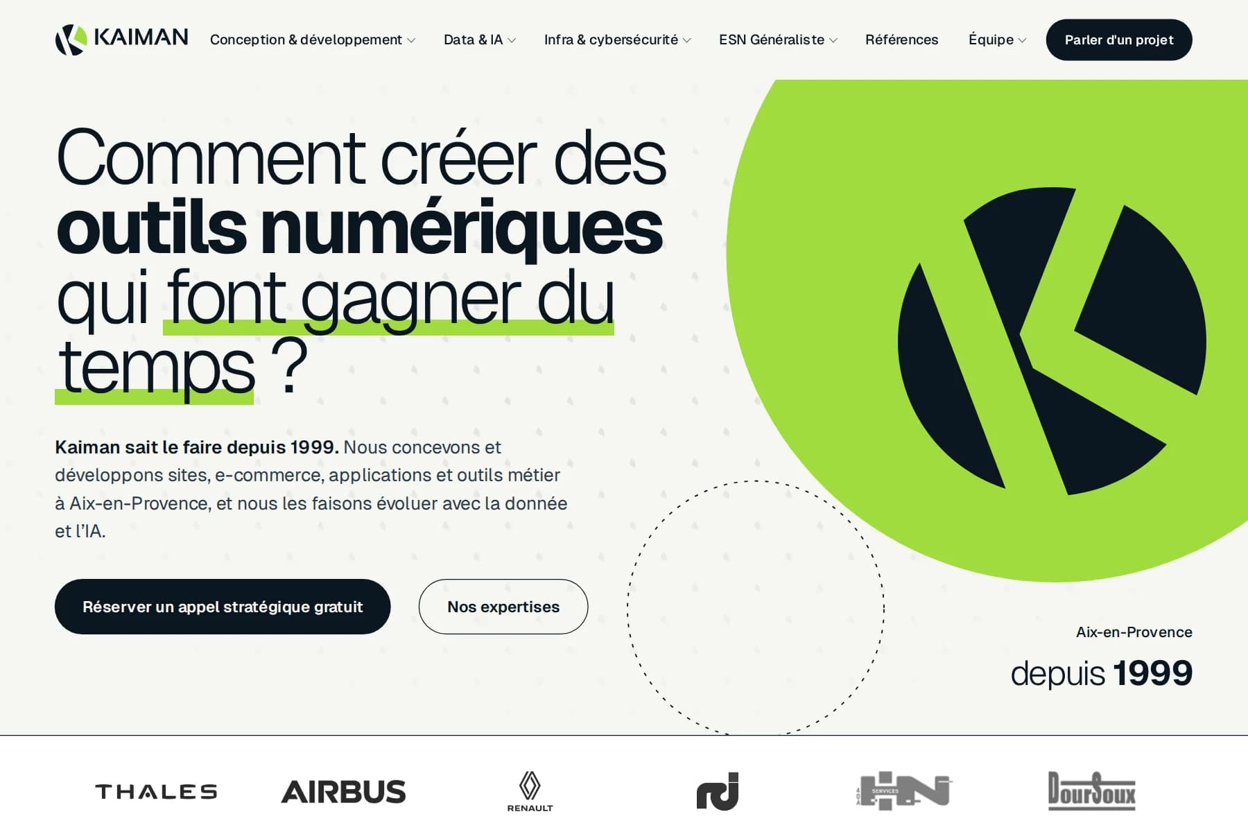 Page d'accueil de Kaiman : « Comment créer des outils numériques qui font gagner du temps ? »