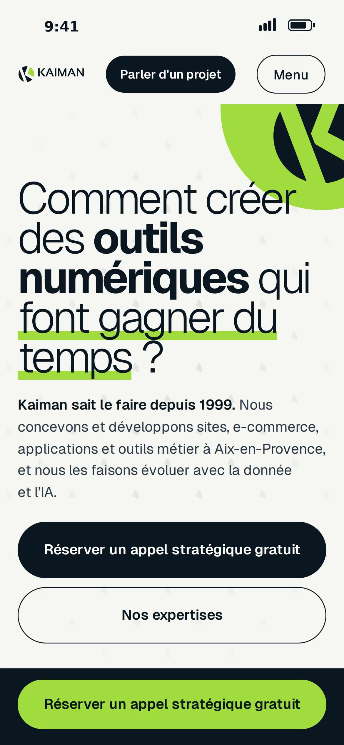 La page d'accueil de Kaiman sur téléphone