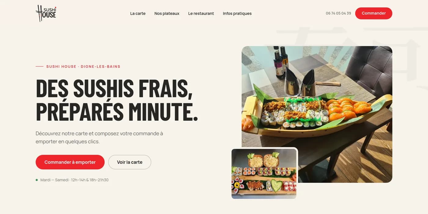 Page d'accueil de Sushi House : « Des sushis frais, préparés minute » et quatre tuiles d'accès