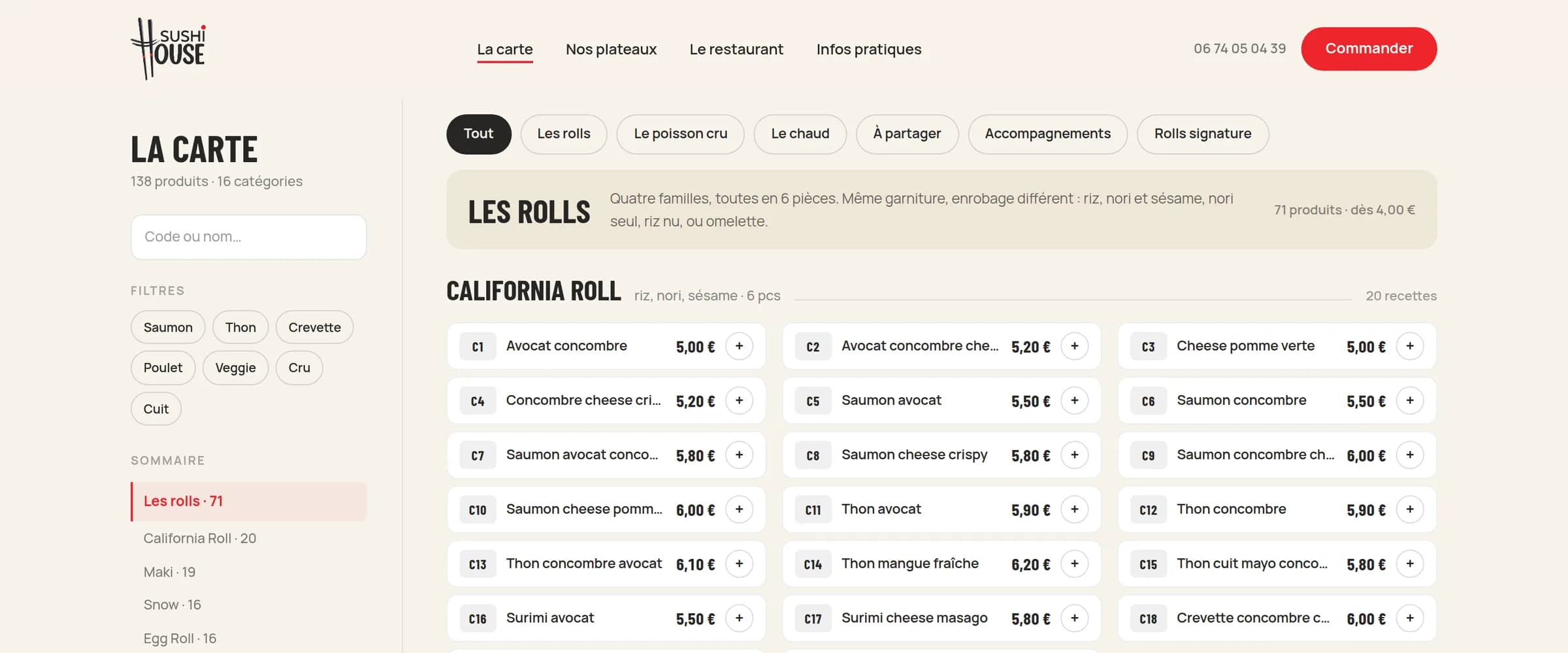La carte : sommaire des familles à gauche, filtres et grille des 138 produits à droite
