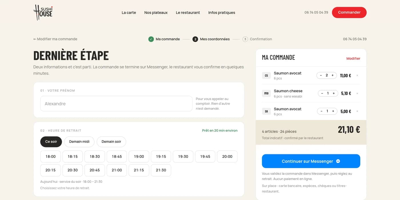 Dernière étape : prénom, créneau de retrait, remarque, et le récapitulatif de commande à droite