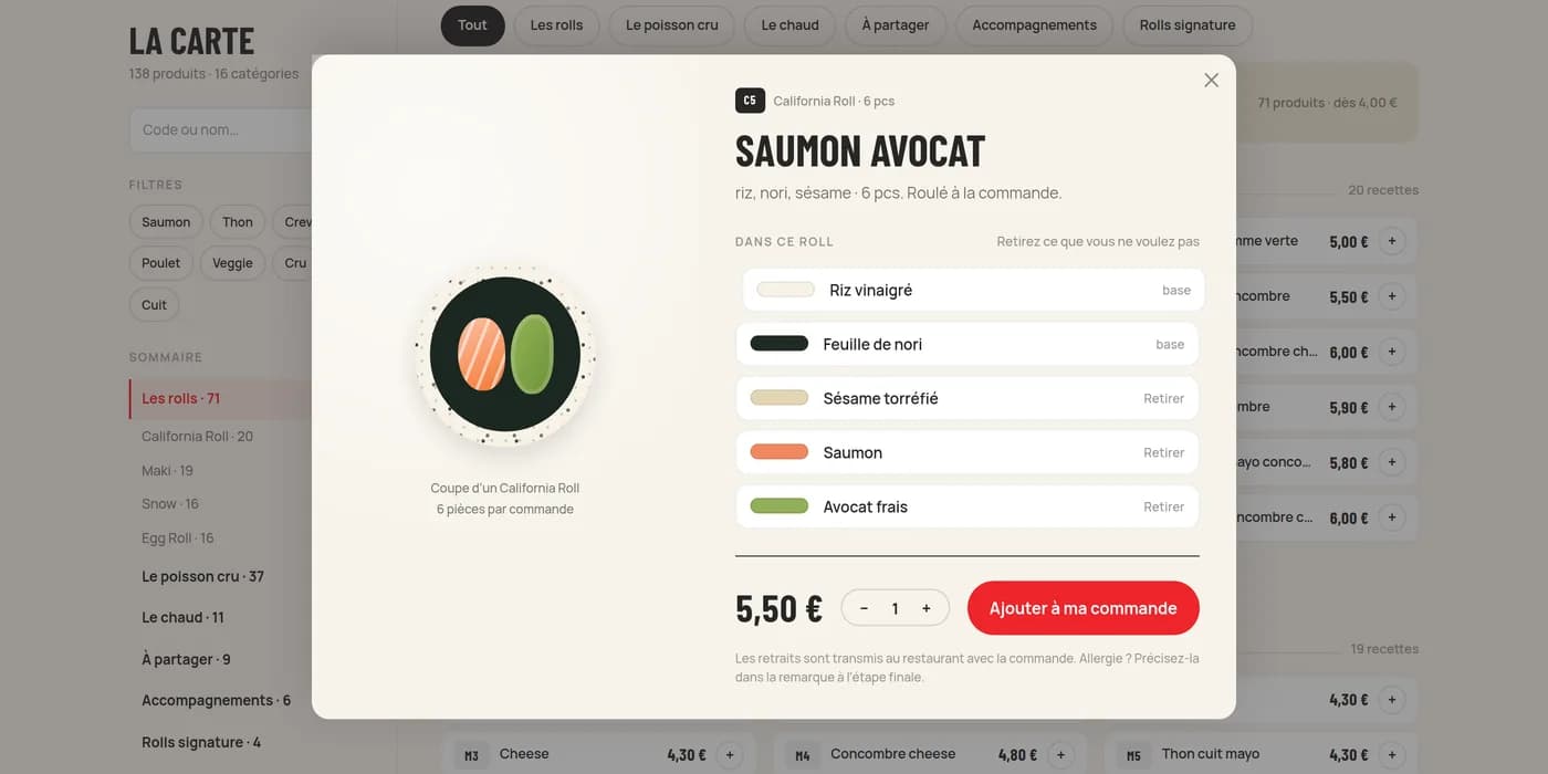 Fiche produit d'un California saumon avocat : l'illustration composée à gauche, les cinq couches retirables à droite