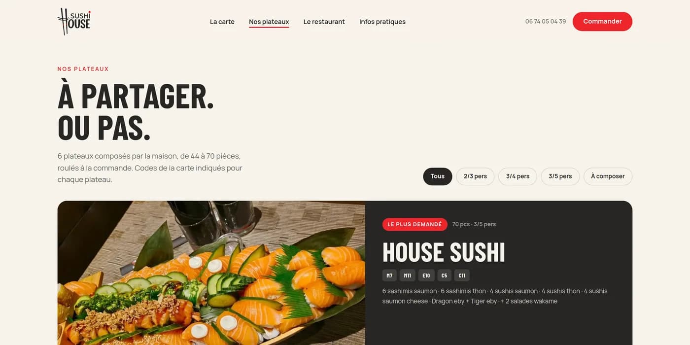 Les plateaux : six compositions maison, de 44 à 70 pièces, avec les codes de la carte